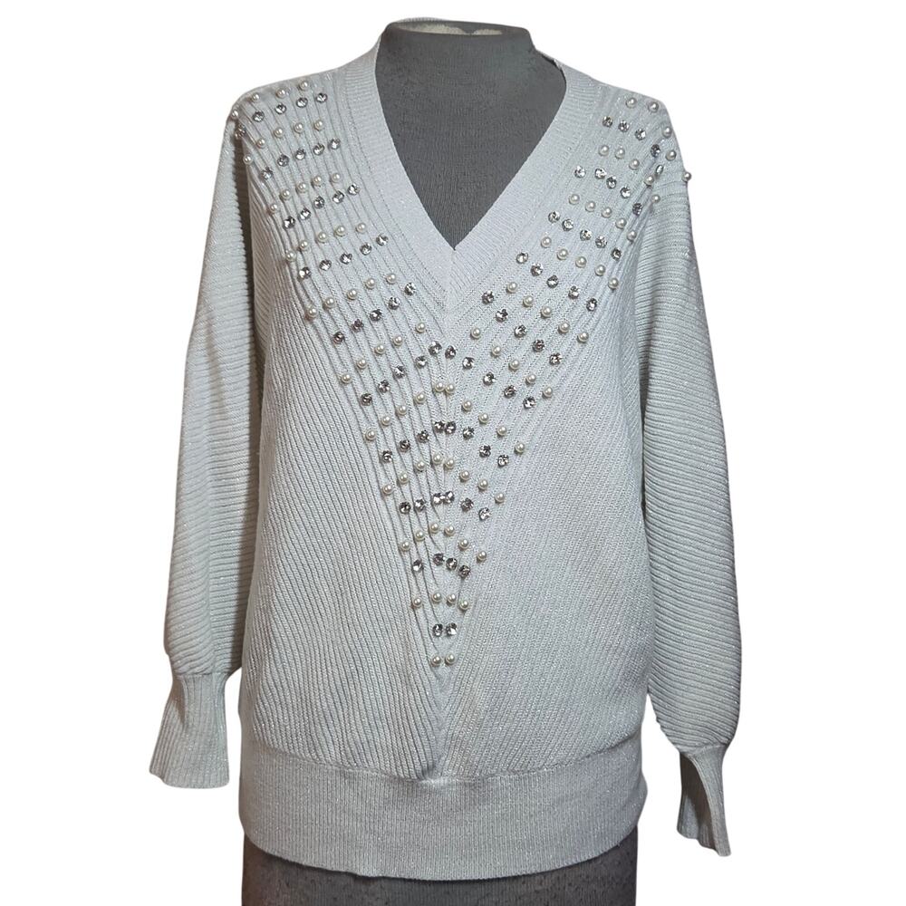 Metallic Knit V Neck Embellished Sweater Size Medium